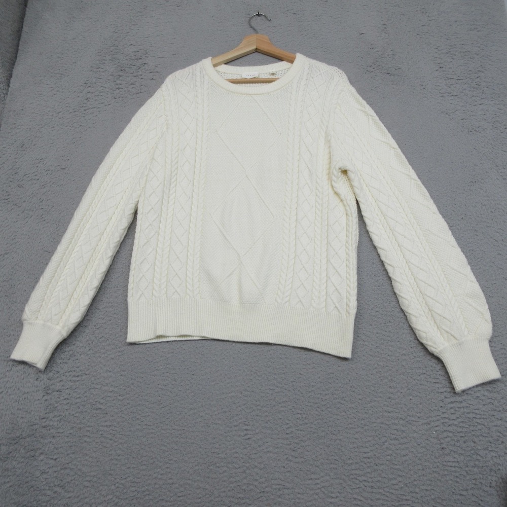 Cyrus Cable Knit Fisherman Sweater Women L White Crewneck Coastal Preppy Classic